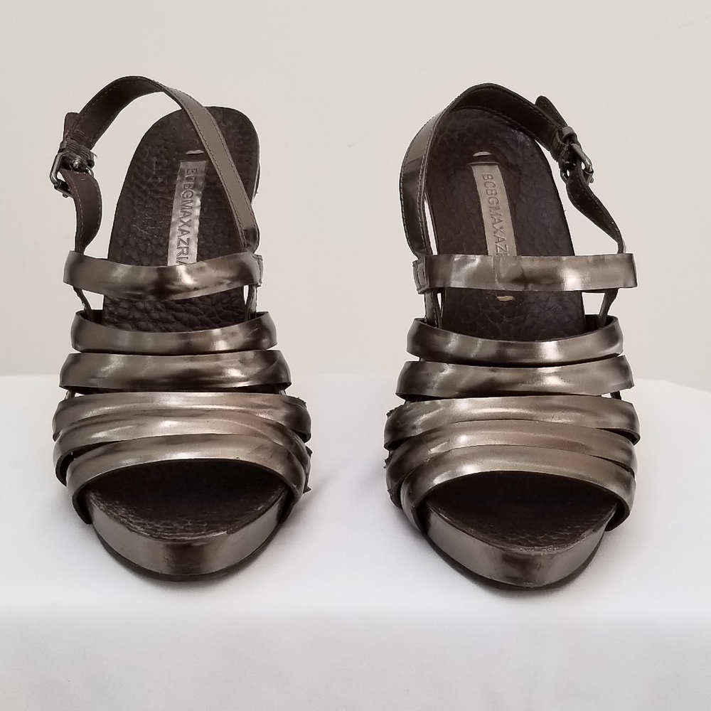 Pewter colored strappy heeled 4.5" sandals